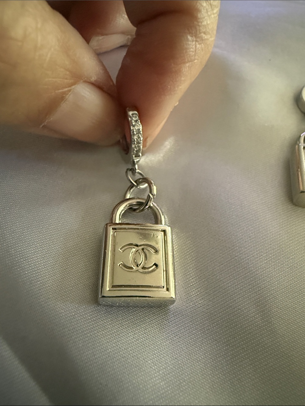 Silver Padlock Drop Earrings with Crystal-Accented Hoops - Picture 3 of 8